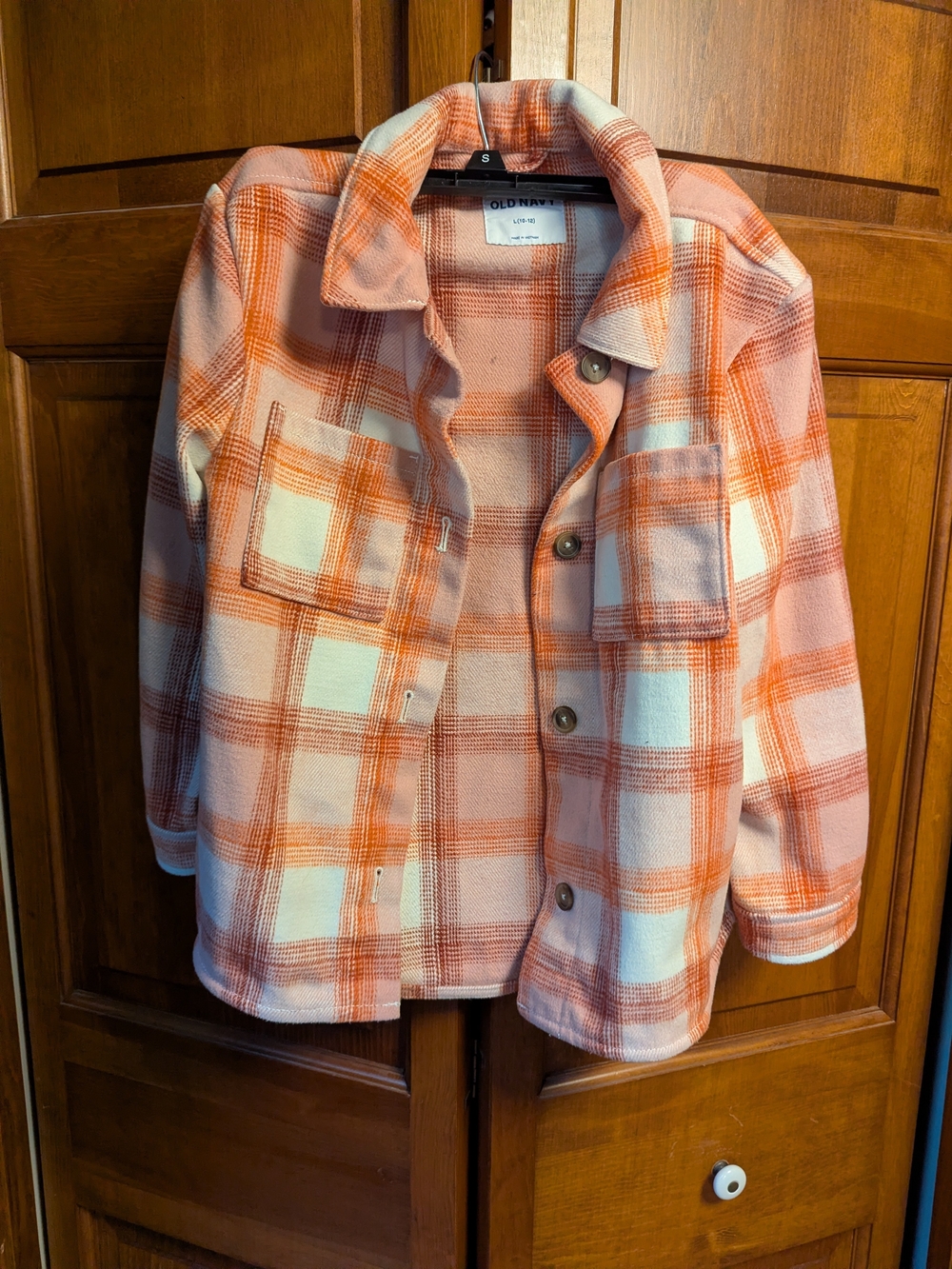 Old Navy Pink and Orange Plaid Button-Up Shacket